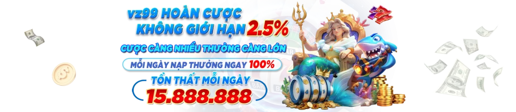 Banner trang chủ VZ99 giới thiệu nhà cái casino online, thể thao, nổ hũ, bắn cá và game bài đổi thưởng